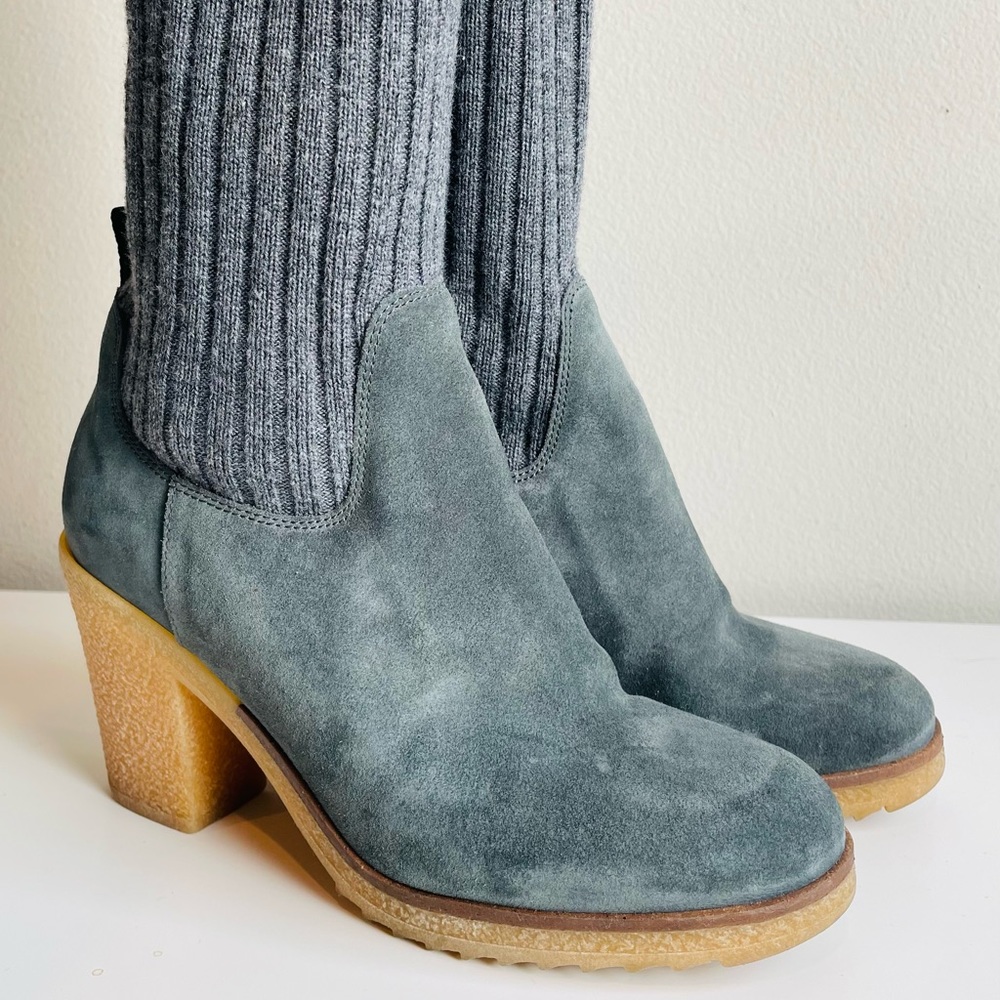 Anthropologie MISS ALBRIGHT Green Suede Gray Sweaterknit Boots, size 36 fall